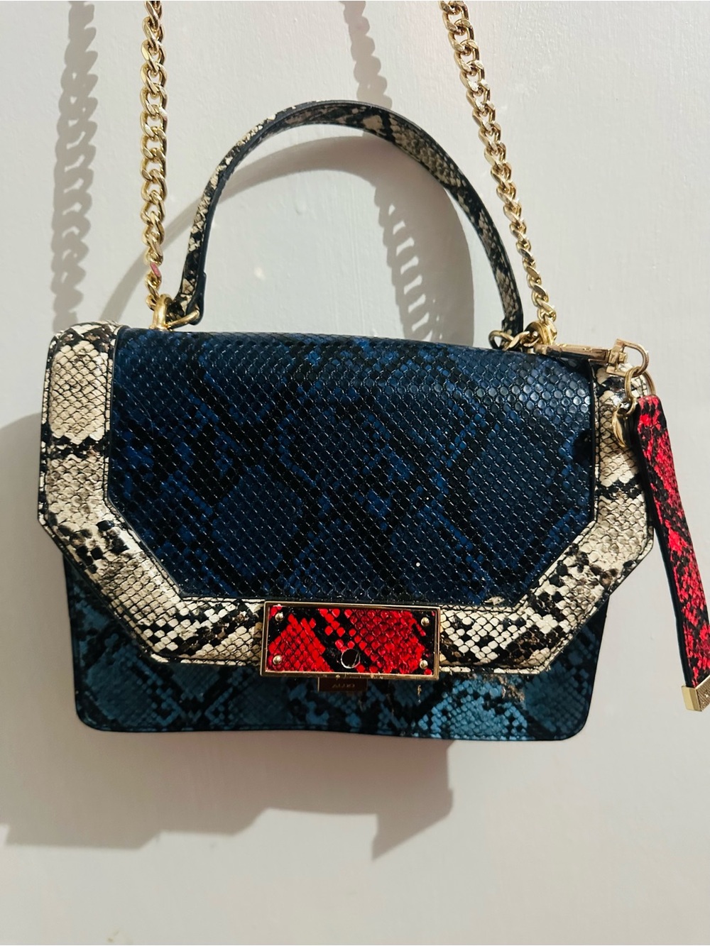 Aldo Blue Snake-Print Top Handle Satchel w/ Cream & Red Accents Designer Handbag